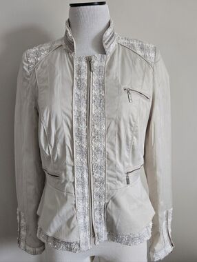 White House Black Market Beige Peplum Jacket with Tweed Trim, Sz 6